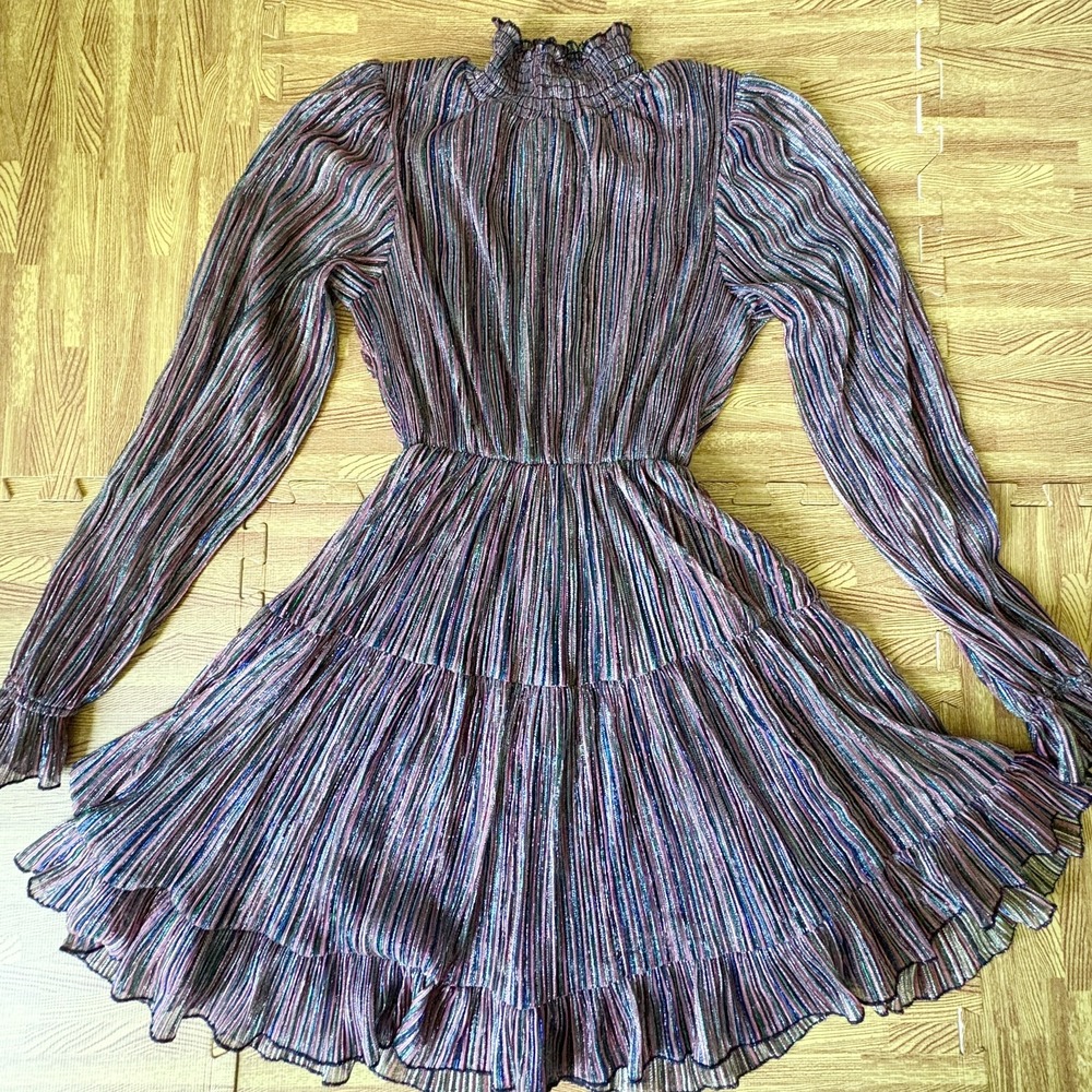 OPT Womens XS Metallic Striped Tiered Mini Dress Mock Neck Long Sleeve - Picture 2 of 9
